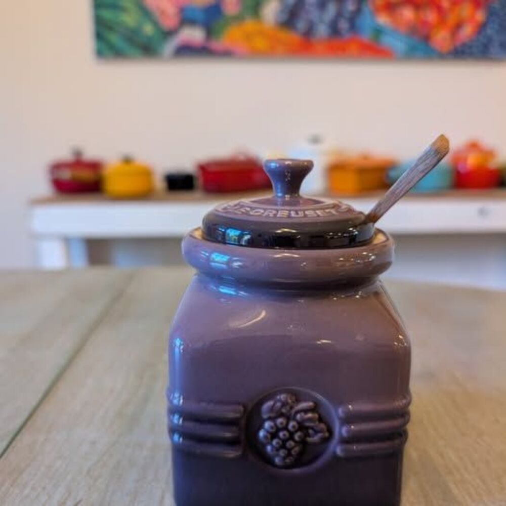 RARE Le Creuset Cassis Purple Grape Jam Jar 15 oz Stoneware With Lid - CASSIS!